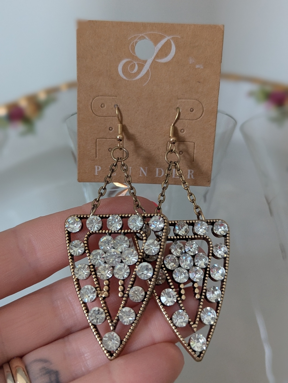 💎✨ Plunder Gold-Tone Super Sparkly Triangle Crystal Drop Statement Earrings